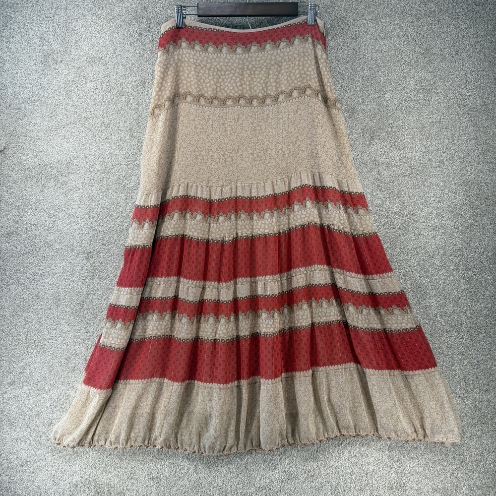 Apostrophe Skirt Sz 8 Red Tan Floral Beaded Trim Y2K Boho Granola Cowgirl *flaws